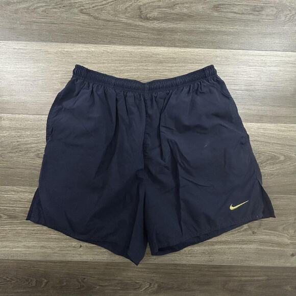 Vintage Nike Shorts Mens Large Navy Blue Yellow Swoosh Lined Athletic Running - Picture 1 of 5